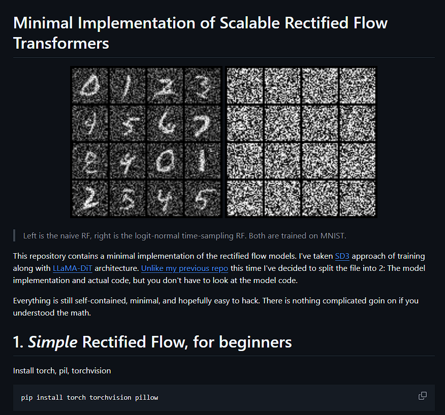 novasarc01's tweet image. if you&apos;re curious about rectified flow transformers the min-RF repo by @cloneofsimo is a great starting point - minimal clean and super helpful for understanding rectified flows