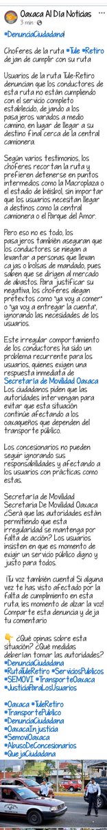 OAXACA AL DIA NOTICIAS (@oaxaca_aldia) on Twitter photo Años de mal servicio y quejas constantes de los taxis foráneos Tule - Retiro y las autoridades complacientes, los vecinos están cansados de denunciar y que <a href="/SEMOVI_GobOax/">Secretaría de Movilidad</a> no tome acciones contra todas las irregularidades de este pésimo servicio qué prestan estos taxis
<a href="/GobOax/">Gobierno de Oaxaca</a> Años de mal servicio y quejas constantes de los taxis foráneos Tule - Retiro y las autoridades complacientes, los vecinos están cansados de denunciar y que <a href="/SEMOVI_GobOax/">Secretaría de Movilidad</a> no tome acciones contra todas las irregularidades de este pésimo servicio qué prestan estos taxis
<a href="/GobOax/">Gobierno de Oaxaca</a>