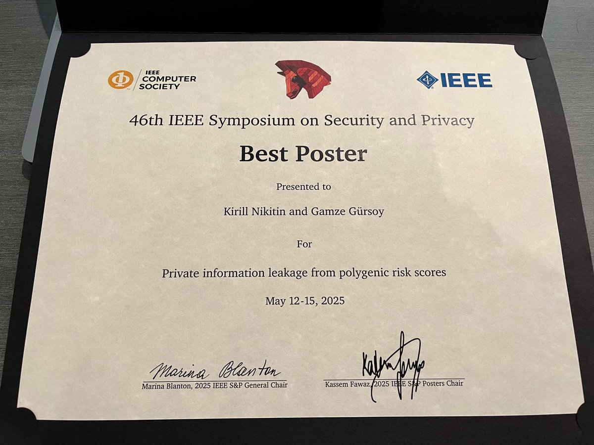 Happy that <a href="/gamzeandgursoy/">Gamze Gürsoy</a> and I's poster on the privacy of polygenic risk scores has got an award at <a href="/IEEESSP/">IEEE S&P</a>! Reach out or come talk to me if you are interested in the privacy of genomic and medical data #ieeesp25