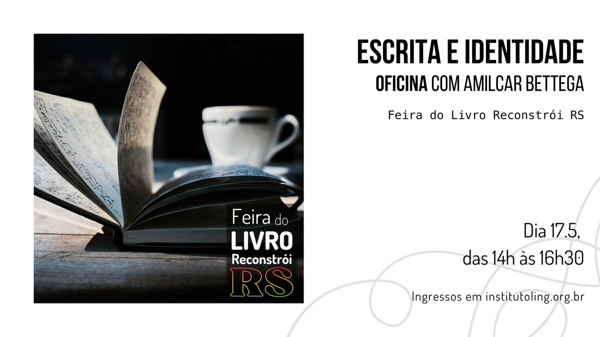 ✍️O que nos motiva a escrever? O quanto da
nossa identidade permanece na escrita?

Entre conversas e exercícios práticos, o premiado escritor Amilcar Bettega conduz o encontro, trabalhando a relação entre escrita, identidade e literatura.

🎟️: bit.ly/OficinaDeEscri…