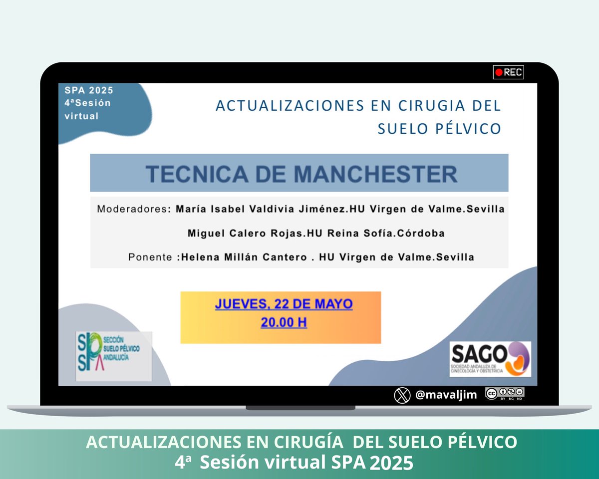 @mavaljim (@mavaljim) on Twitter photo 4️⃣ Actualizaciones en Cirugía del Suelo Pélvico. “Técnica de Mánchester” organizada por SPA de la <a href="/SAGOAndalucia/">SAGOAndalucia</a>
Ponente:
👩🏻⚕️Dra Helena Millán Cantero del
🏨 <a href="/AGSSurSevilla/">AGS Sur de Sevilla</a>
🗓️22/05/25
⌚️20:00
💻Modalidad: online
#ActualizateConSPA2025
<a href="/AGSSurSevilla/">AGS Sur de Sevilla</a> <a href="/CdHUVValme/">Comisión de Docencia HUV Valme</a> 4️⃣ Actualizaciones en Cirugía del Suelo Pélvico. “Técnica de Mánchester” organizada por SPA de la <a href="/SAGOAndalucia/">SAGOAndalucia</a>
Ponente:
👩🏻⚕️Dra Helena Millán Cantero del
🏨 <a href="/AGSSurSevilla/">AGS Sur de Sevilla</a>
🗓️22/05/25
⌚️20:00
💻Modalidad: online
#ActualizateConSPA2025
<a href="/AGSSurSevilla/">AGS Sur de Sevilla</a> <a href="/CdHUVValme/">Comisión de Docencia HUV Valme</a>