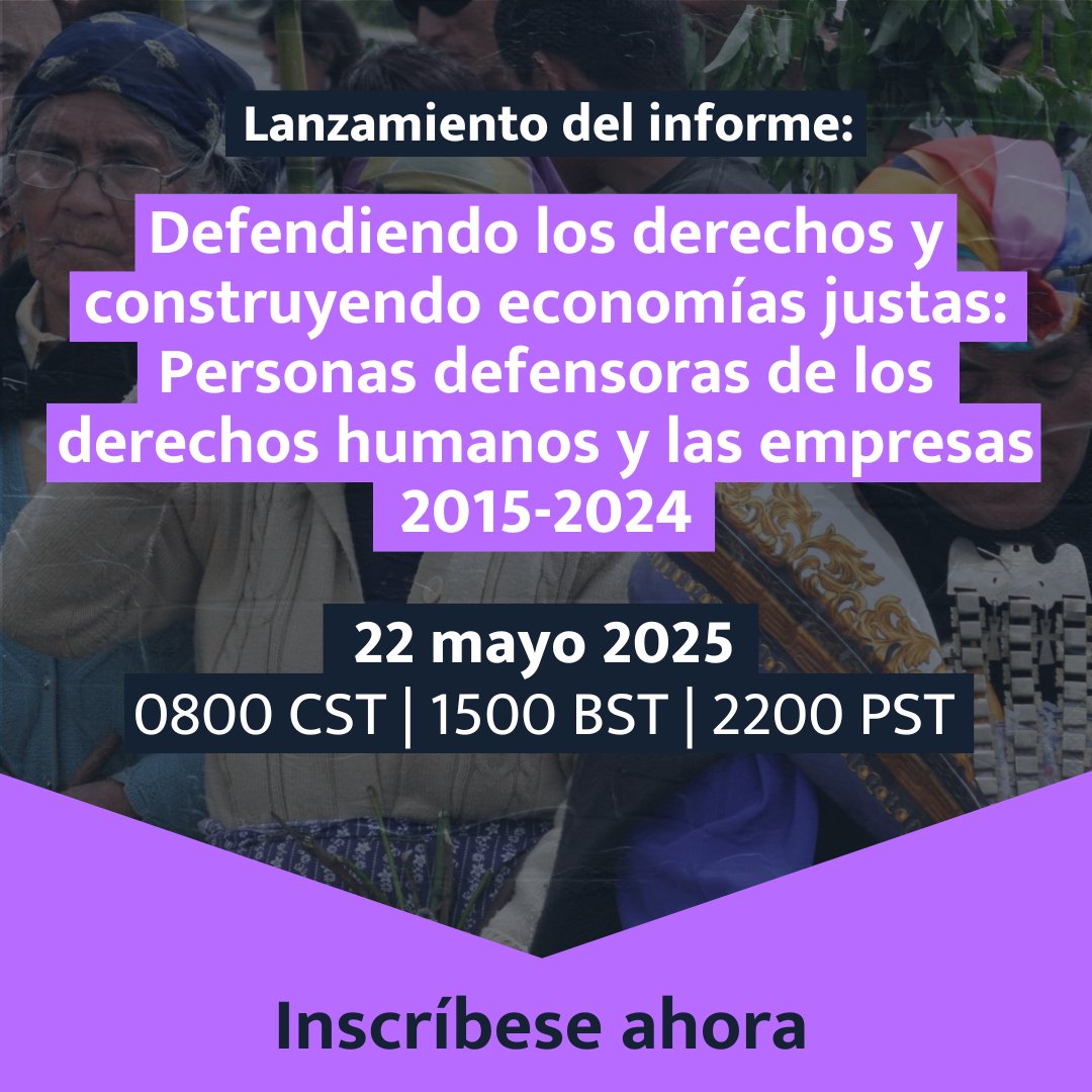 Lanzamiento virtual 💻 Las personas defensoras de #DDHH se enfrentan a grandes riesgos cuando alzan la voz contra el abuso corporativo.

Únete a la conversación para analizar 10 años de datos. 
📅 22 de mayo
⏰ 08:00 CDMX | 11:00 São Paulo
EN/ES/PT
🔗 us02web.zoom.us/webinar/regist…