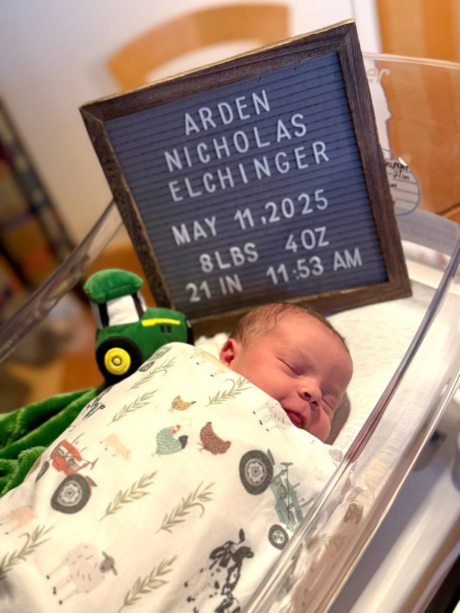 NickElchinger's tweet photo. Baby Elchinger is here!!!

I’m excited to finally have my boy, @BaileyElchinger was able to get dinner served in bed on Mothers day, it was just at the hospital. 

@JohnDeere  #futurepuller
#futurefarmer  #oneprouddad https://t.co/Ken48NCmIc
