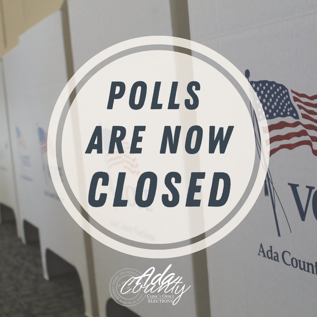 All of our polling locations are now closed. Thank you to our poll workers and everyone who came out and voted! 

You can view the results on our website once they start to come in: adacounty.id.gov/elections/live…