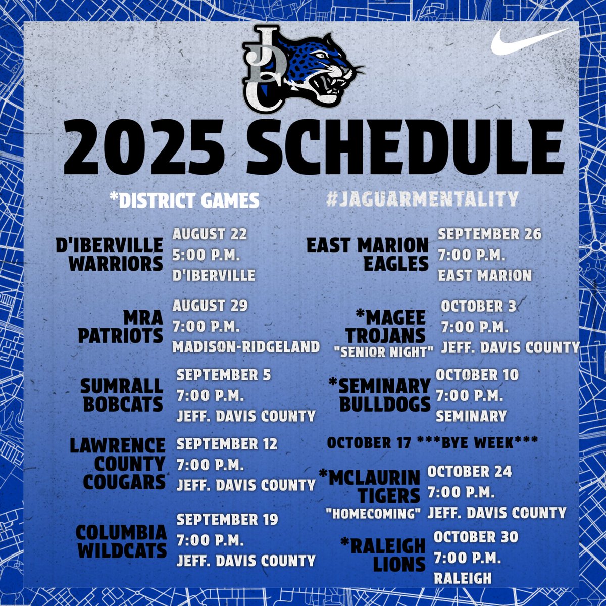 2025 JDCHS Jaguar Football Schedule! 🐆

🏈: SENIOR NIGHT (10.3.25)
🏈: BYE WEEK (10.17.25)
👑 HOMECOMING (10.24.25) 👑

#JaguarMentality