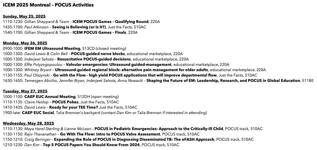 Dan Kim (@dan___kim) on Twitter photo If you'll be attending #ICEM2025, don't miss out on any #POCUS activities or events by referring to this reference summary of all the POCUS/ultrasound content
<a href="/ICEM2025/">International Conference on Emergency Medicine</a> <a href="/IFEM2/">International Federation for Emergency Medicine</a> <a href="/CAEP_Docs/">CAEP</a> <a href="/CAEP_EUC/">CAEP Emergency Ultrasound Committee</a> If you'll be attending #ICEM2025, don't miss out on any #POCUS activities or events by referring to this reference summary of all the POCUS/ultrasound content
<a href="/ICEM2025/">International Conference on Emergency Medicine</a> <a href="/IFEM2/">International Federation for Emergency Medicine</a> <a href="/CAEP_Docs/">CAEP</a> <a href="/CAEP_EUC/">CAEP Emergency Ultrasound Committee</a>