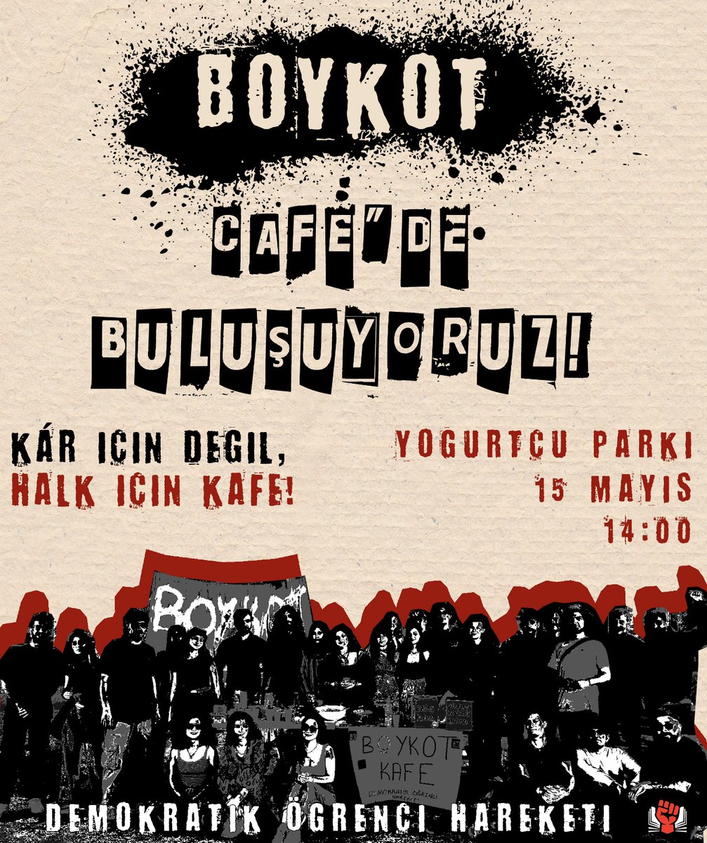 Boykot Kafe’ye çağrımız var!
15 Mayıs Çarşamba günü Yoğurtçu Parkı’nda buluşuyoruz. Taki atölyesi, döviz çalışması ve boykot-dayanışma üzerine kısa bir sohbetle bir aradayız.
Sözümüzü birlikte üretmeye, dayanışmayı büyütmeye çağırıyoruz