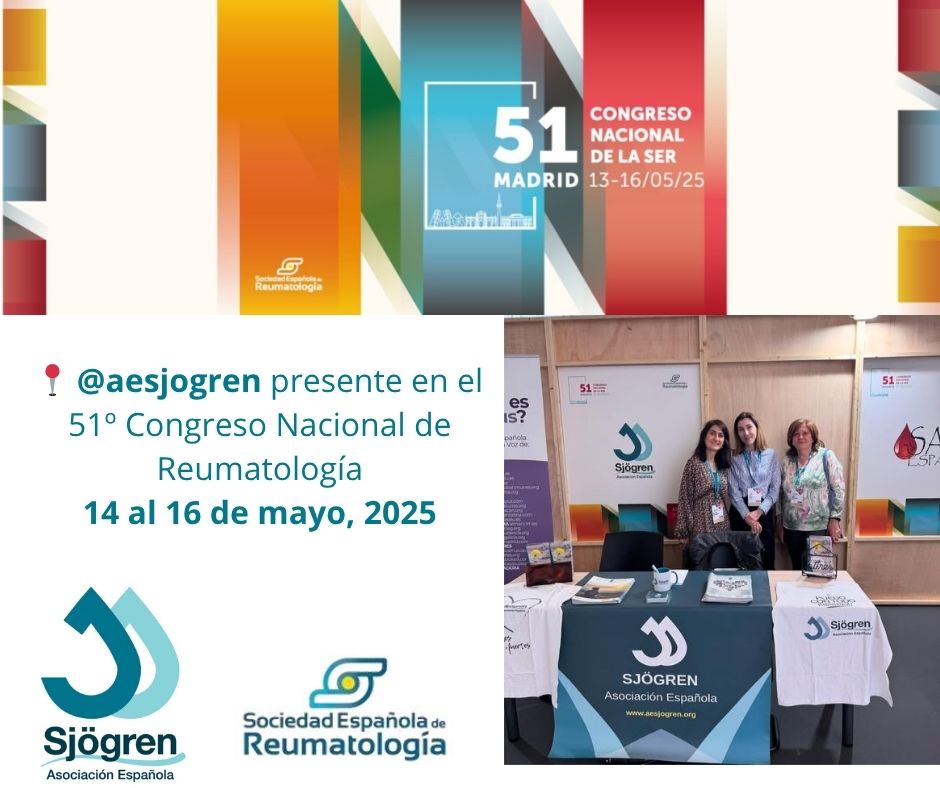 📍 Estamos presentes en el 51º Congreso Nacional de Reumatología  #SER2025
Del 14 al 16 de mayo, en Madrid

Como asociación de pacientes, participamos para seguir visibilizando la enfermedad de #Sjögren y aportar la voz de quienes convivimos con esta enfermedad. 

¡Seguimos