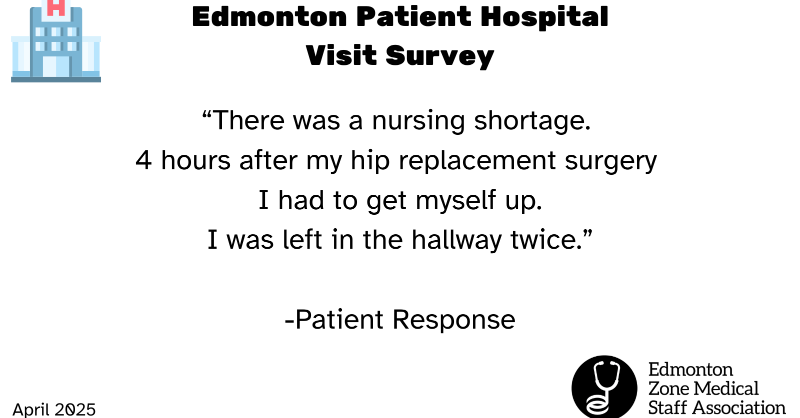 Edmonton Needs New Hospital   

1988-AB pop 2.5 mil &amp; last EDM hospital built 
2025-AB pop 5 mil 

April 2025 EZMSA patient survey: 
24.5% of 556 patients (1 in 4) said they experienced care in a non-traditional space, i.e. hallway or waiting room

A patient experience response: