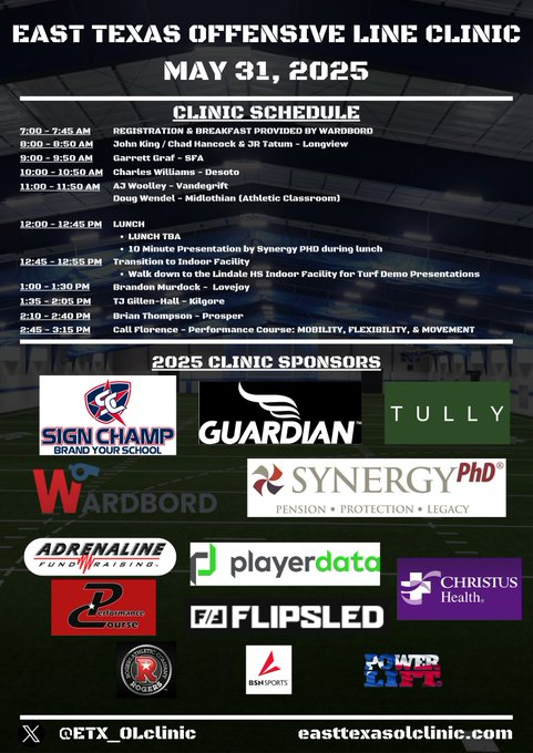 Football Guys!!!! <a href="/BarstoolBigCat/">Big Cat</a> 

3 WEEKS UNTIL THE EAST TEXAS OL CLINIC!

<a href="/PFTCommenter/">PFT Commenter</a> - Fullback Coaches Welcome too!

<a href="/BarstoolGruden/">Jon Gruden</a> - FFCA also Invited!

GET SIGNED UP ASAP: bit.ly/ETXOLClinic

Most Football Guy Clinic EVER!  

☕️☕️☕️🍗🍗🍗🍕🍕🍕🏈🏈🏈🏈🏈🏈