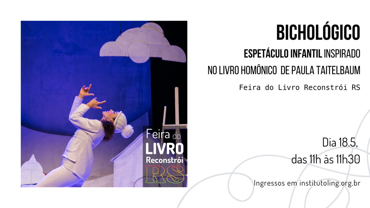 🐷 Animação total! A peça infantil “Bichológico”, com a atriz e artista circense Débora Rodrigues, mistura jogos geométricos e muita música. Será neste domingo, 18 de maio, às 11h. 

🎟️: bit.ly/Bichologico-18…
