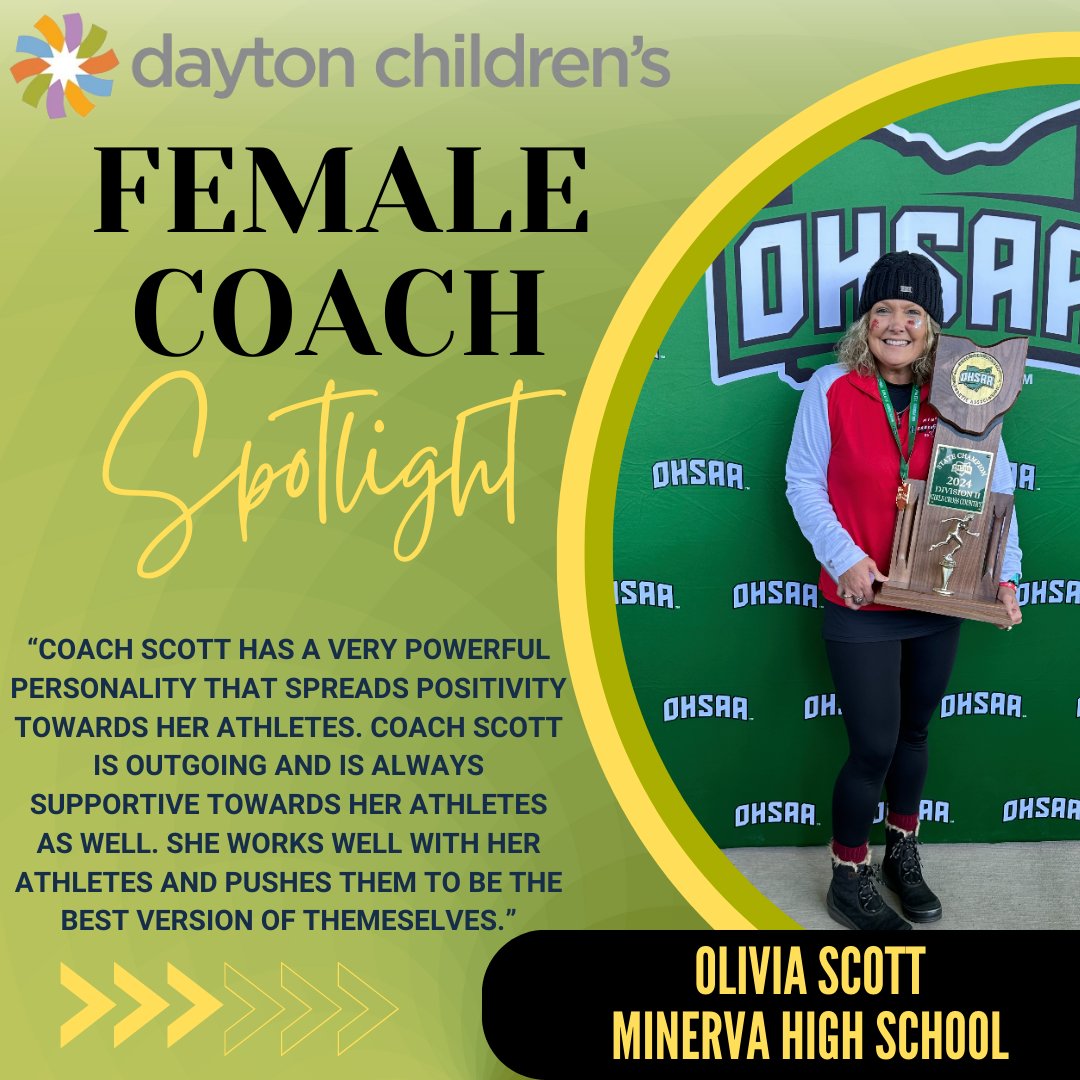OHSAA Sports (@ohsaasports) on Twitter photo 🌟Female Coach Spotlight presented by Dayton Children's Hospital🌟
Coach Scott is a tireless, positive force who pushes her athletes to be their best. With 3 state titles and unwavering support, she inspires on and off the field.
Nominate a coach today: bit.ly/41OS4rJ 🌟Female Coach Spotlight presented by Dayton Children's Hospital🌟
Coach Scott is a tireless, positive force who pushes her athletes to be their best. With 3 state titles and unwavering support, she inspires on and off the field.
Nominate a coach today: bit.ly/41OS4rJ
