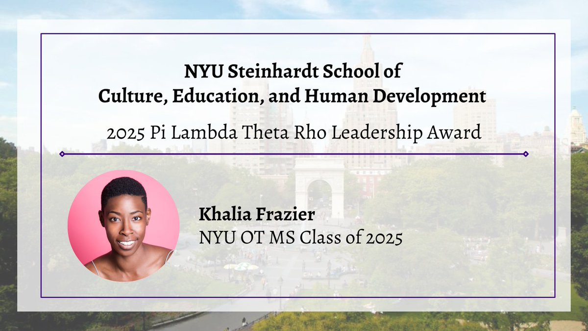 Khalia Frazier is the 2025 #NYUSteinhardt Pi Lambda Theta Rho Leadership Award recipient! As President of the Network of Black Clinicians &amp; Chair of the Black Student Society, among many other achievements, she has been an exceptional leader &amp; is so very deserving of this honor!