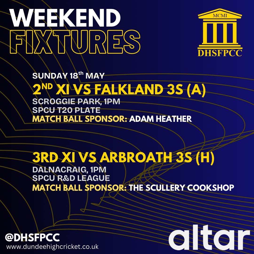 DHSFPCC's tweet photo. 🏏Busy weekend ahead for the club
On Saturday the 1st XI make the long journey north to Huntly whilst the 2nd XI host Perth Doo’cot 3s.
On Sunday the 2s are in T20 action with a trip to Falkland whilst the 3s host Arbroath.
#CODH https://t.co/udp885ILJ3