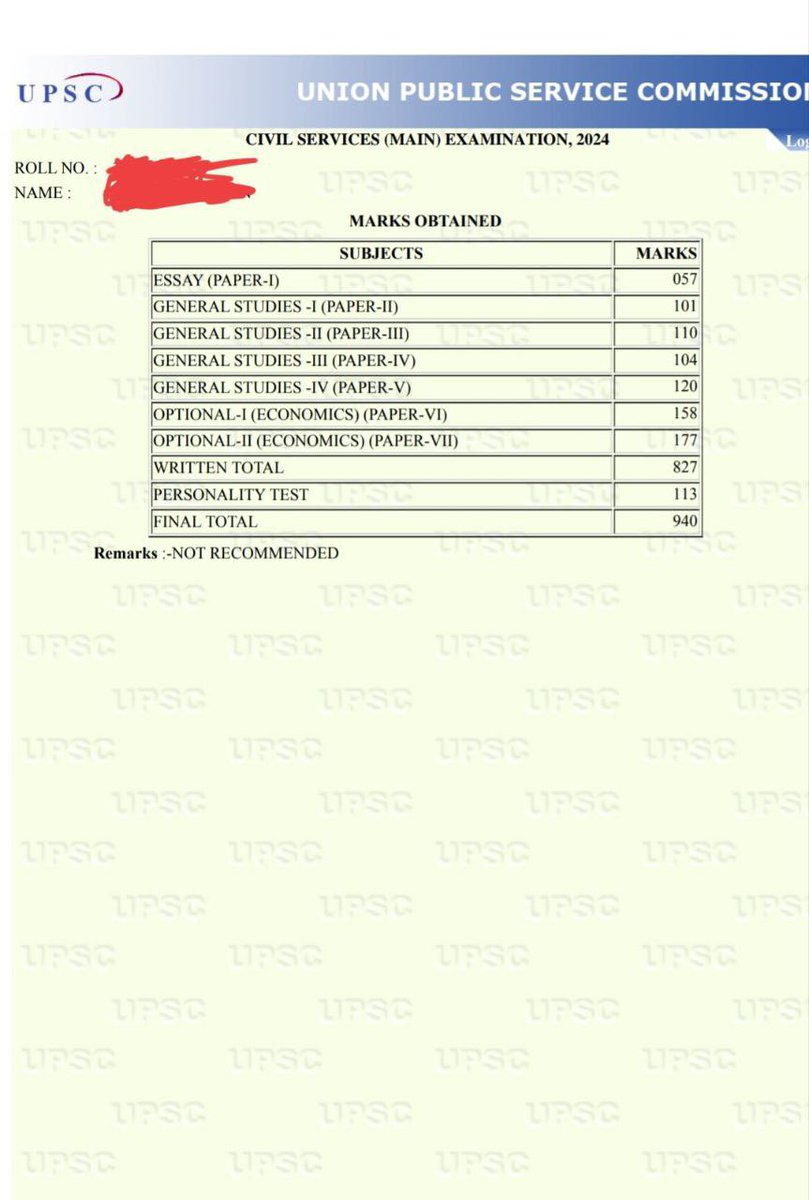 VikasDhayal18's tweet photo. The most bizarre UPSC Marksheet ever

Had this person scored a basic 100 in Essay, his Mains score would have been 870. 

On a different Essay and Interview day, this person would have been rank 1 by a margin.

Economics 🚒🧨 335

827 in Mains and someone in the interview board decided in 30 minutes that we’ll not give him any service. 

Also, How on earth can Essay be 57?

This is most bizarre marksheet ever seen. 

Naa insaafi?

#UPSC