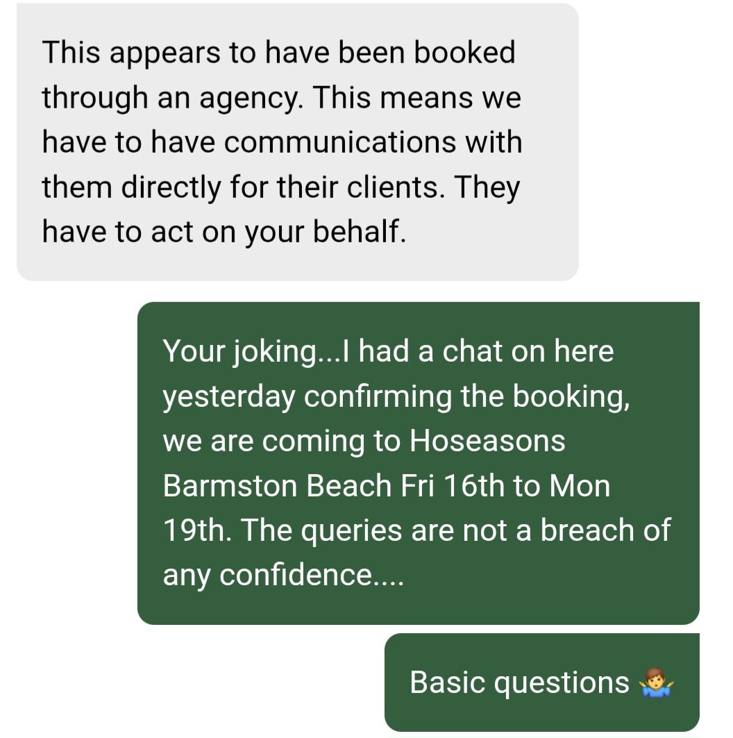 rayfrase01's tweet photo. @Hoseasons When you ask a basic accommodation question to Hoseason customer service regarding bedding &amp; and towels for your stay, but they can't tell me as I booked through TUI. beuacracy gone mad, still no answer, not a very good 1st experience with Hoseason, maybe tge last. https://t.co/mDXsfRLa1P