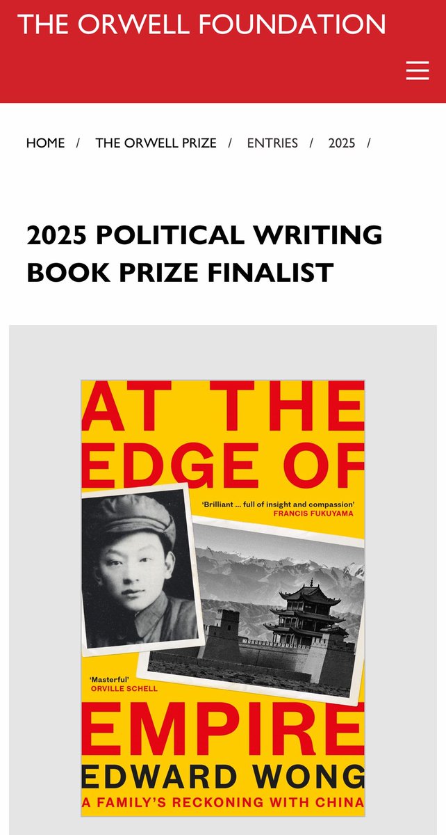 Edward Wong (@ewong) on Twitter photo Iām thrilled āAt the Edge of Empireā is a <a href="/TheOrwellPrize/">The Orwell Prize</a> finalist for political writing. My book on China is alongside ones on Ukraine, Russia, Pakistan and autocracies. Orwell is a role model for our era. āThese books show us how we got here." ā Kim Darroch, Chair of Judges Iām thrilled āAt the Edge of Empireā is a <a href="/TheOrwellPrize/">The Orwell Prize</a> finalist for political writing. My book on China is alongside ones on Ukraine, Russia, Pakistan and autocracies. Orwell is a role model for our era. āThese books show us how we got here." ā Kim Darroch, Chair of Judges