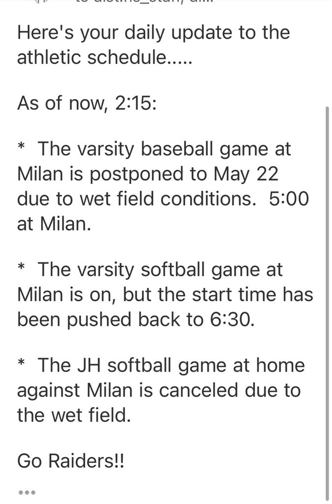 See the pic for updates to the athletic schedule for today. Go Raiders!