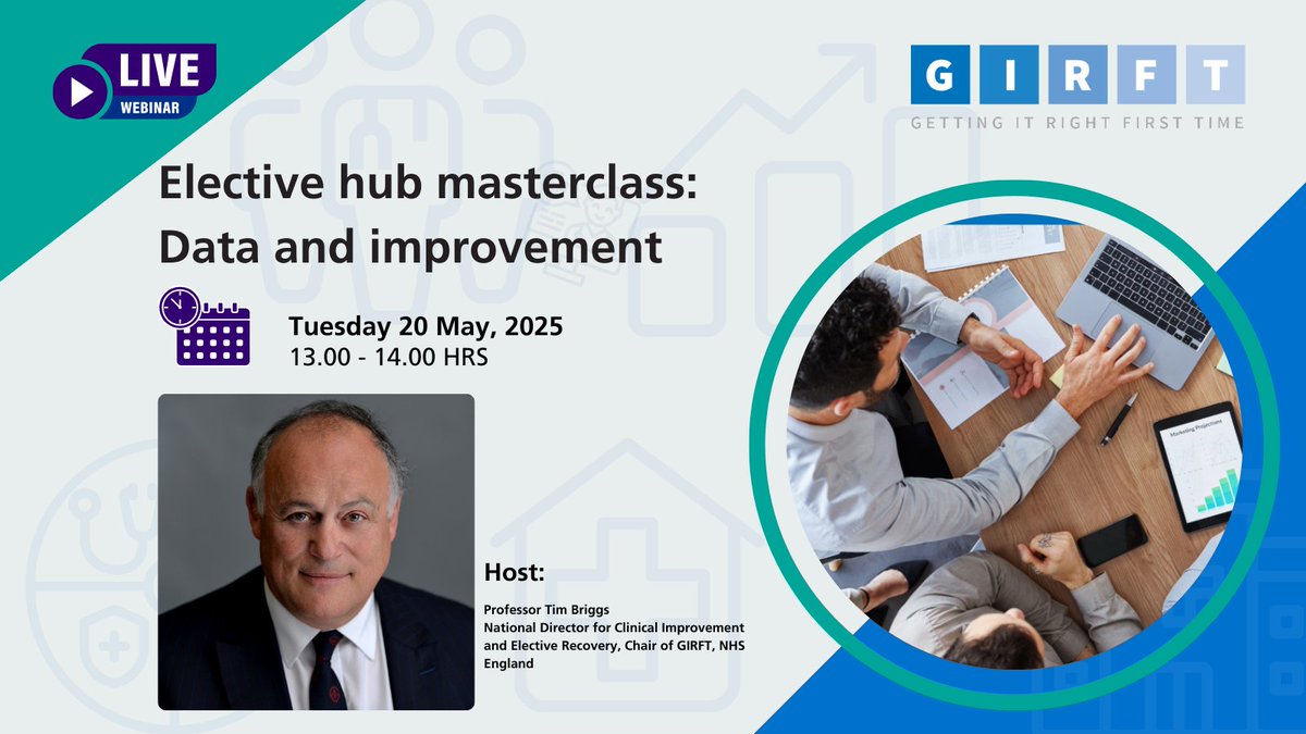 Getting It Right First Time (GIRFT) (@nhsgirft) on Twitter photo Working in an elective hub?
Join our masterclass to hear from two hubs <a href="/CHFTNHS/">Calderdale and Huddersfield NHS Foundation Trust</a> and <a href="/NewcastleHosps/">Newcastle Hospitals</a> who are implementing data-led improvement strategies and learn how their approaches align with NHS impact.
ποΈ 20/05 β13.00 β 14.00 hrs
Register now: π bit.ly/4512KFm Working in an elective hub?
Join our masterclass to hear from two hubs <a href="/CHFTNHS/">Calderdale and Huddersfield NHS Foundation Trust</a> and <a href="/NewcastleHosps/">Newcastle Hospitals</a> who are implementing data-led improvement strategies and learn how their approaches align with NHS impact.
ποΈ 20/05 β13.00 β 14.00 hrs
Register now: π bit.ly/4512KFm