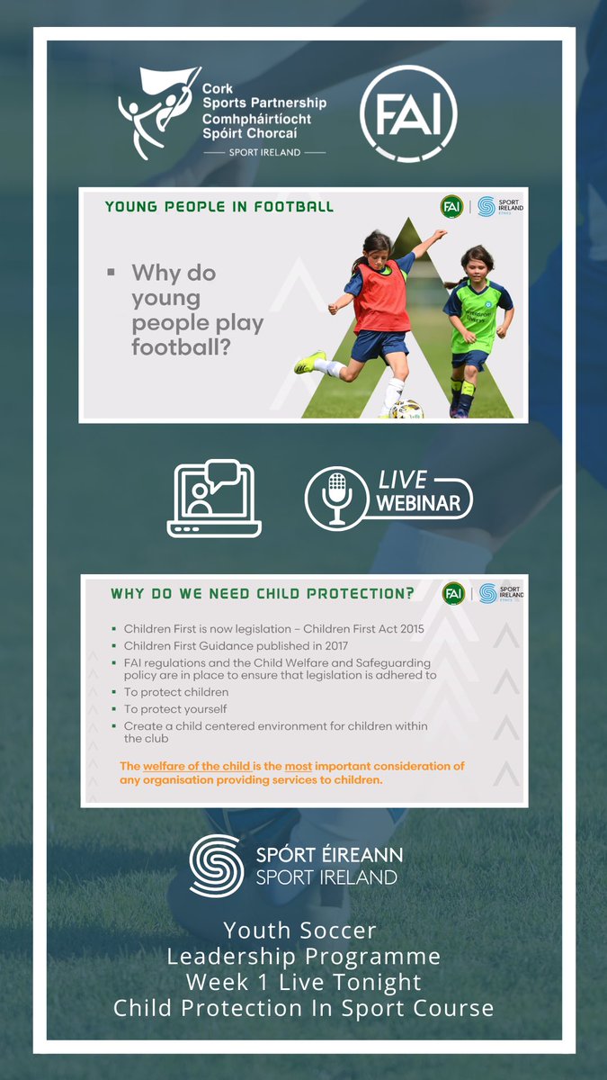 🤩⚽️ Youth Leader Soccer Programme Week 1 Live tonight with Ray Claffey &amp; Safeguarding Child Protection in Sport Course 🎥

🥳 Great group of people from a number of schools, clubs &amp; youth groups participating with <a href="/CorkSports/">Cork Sports Partnership</a> &amp; <a href="/FAICork/">FAI Cork</a> over the next 4 weeks!