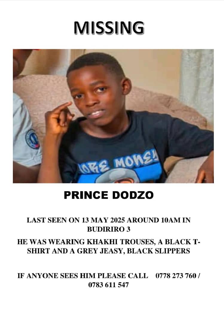 Missing Child Alert.⚠️ RETWEET  

Name : Prince Dodzo
Date missing : 13 may2025

If you have any information or have seen him, please contact cell number: 0778273760 or 0783611547 or report to any nearest police station.