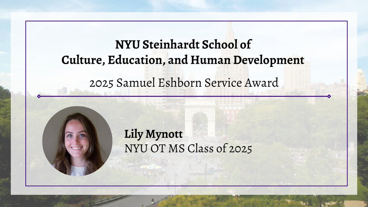Lily Mynott is the #NYUOT 2025 Samuel Eshborn Service Award recipient! As the SOTA Co-President &amp; Graduate Student ambassador, Lily planned the annual White Coat Ceremony, recruited new students &amp; led an inter-cohort buddy program. We are very proud to honor her with this award!