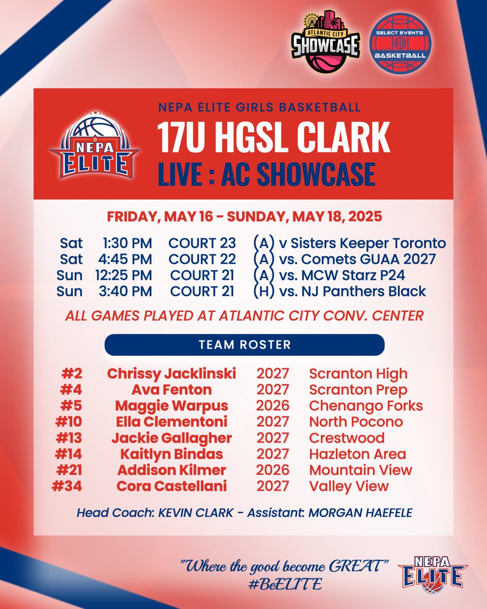 17U HGSL Clark | AC Showcase
📍 Atlantic City, N.J.
📆 May 16-18

Weekend schedule &amp; roster drop ⬇️

Let’s get to work!

<a href="/Chrissy_jack2/">Chrissy Jacklinski</a> <a href="/clementoni_ella/">Ella Clementoni - c/o 2027</a> <a href="/Castellani34/">Cora Castellani</a> <a href="/KaitlynBindas14/">Kaitlyn Bindas</a> <a href="/addisonkilmer21/">Addison Kilmer</a> <a href="/WarpusMaggie/">Maggie Warpus</a>

#BeELITE 🤝￼ #LivePeriod <a href="/Coach_Clark42/">Kevin J. Clark</a>