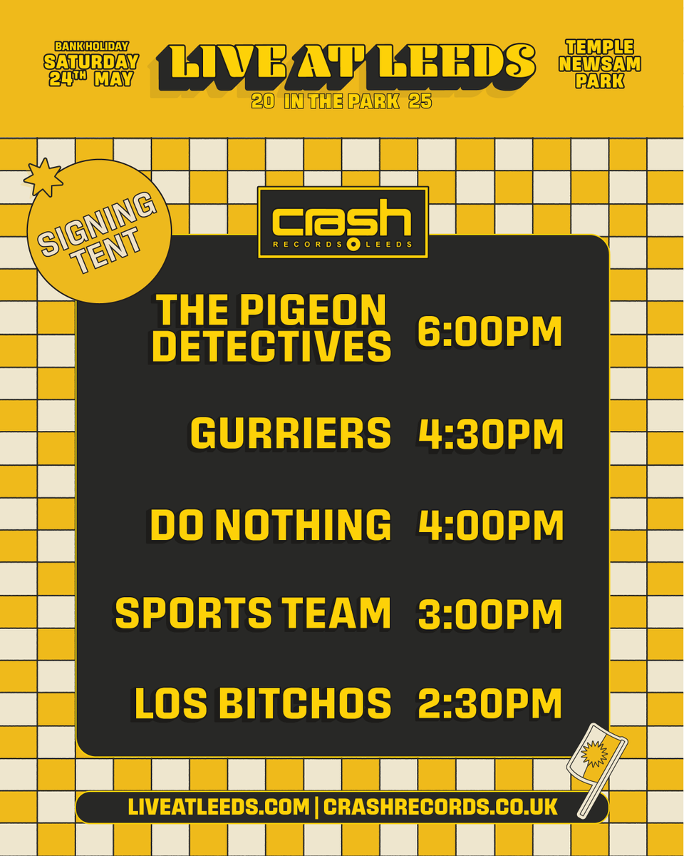 Live at Leeds (@liveatleedsfest) on Twitter photo Here are your <a href="/Crash_Records/">Crash Records</a> Signing Tent times!
Don’t forget to pre order ‘Boys These Days’ by <a href="/SportsTeam_/">Sports Team</a> for GUARANTEED SIGNING ENTRY and collection on the day. Pre-order via crashrecords.co.uk
(please note, Yard Act will no longer be in the signing tent) Here are your <a href="/Crash_Records/">Crash Records</a> Signing Tent times!
Don’t forget to pre order ‘Boys These Days’ by <a href="/SportsTeam_/">Sports Team</a> for GUARANTEED SIGNING ENTRY and collection on the day. Pre-order via crashrecords.co.uk
(please note, Yard Act will no longer be in the signing tent)