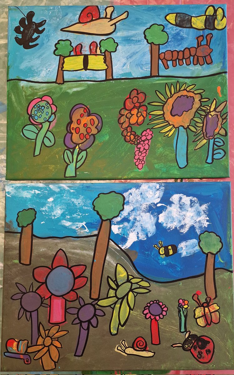 I've been working with 44x 4 year olds today at a primary school in Wakefield,  producing 4 collaborative canvases based on minibeasts.  They produced 4 very different pieces, using stencils, sponges and brushes