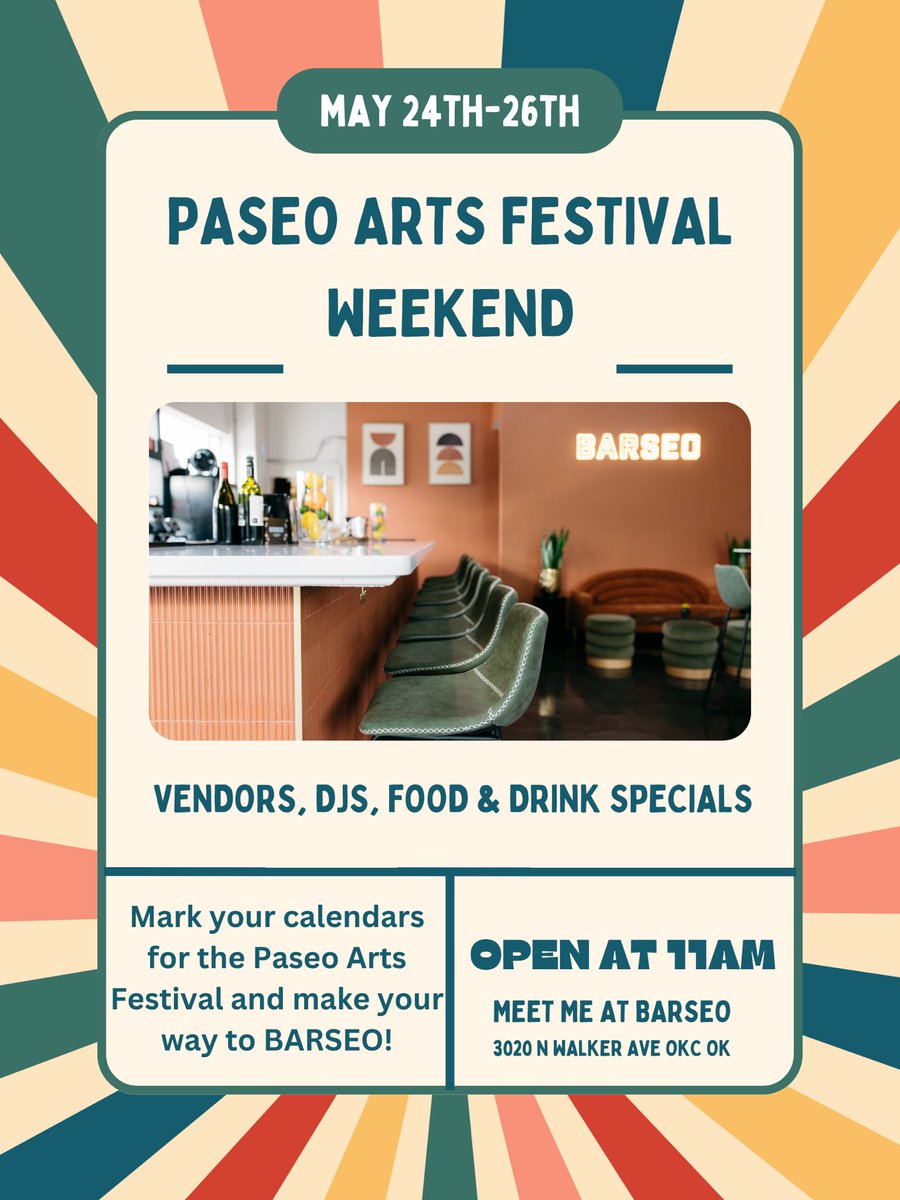 We’re so excited for the Paseo Arts Festival this year! We have vendors, DJs, cocktail and food specials, and much more planned! Save the dates and meet us at Barseo May 24th - 26th.