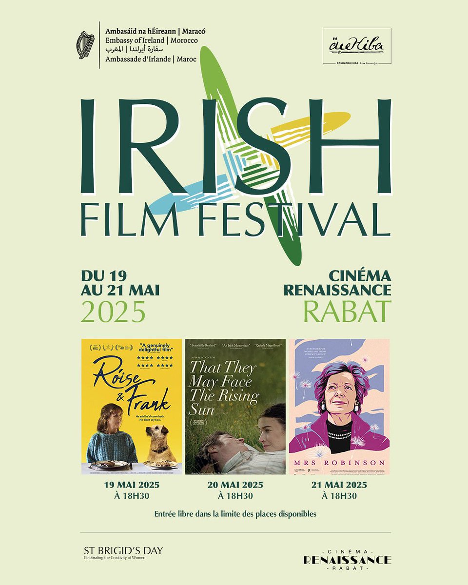 Irish Embassy Morocco (@irlembrabat) on Twitter photo When Ireland visits Morocco... on the big screen! 🇮🇪🇲🇦
Join us at <a href="/CineRenaissance/">Cinéma Renaissance</a> for 3 days of cinema, emotion and discovery at our 2nd Irish Film Festival from 19 to 21 May 2025! 🇮🇪
Three films, one culture to explore - and it's free! When Ireland visits Morocco... on the big screen! 🇮🇪🇲🇦
Join us at <a href="/CineRenaissance/">Cinéma Renaissance</a> for 3 days of cinema, emotion and discovery at our 2nd Irish Film Festival from 19 to 21 May 2025! 🇮🇪
Three films, one culture to explore - and it's free!