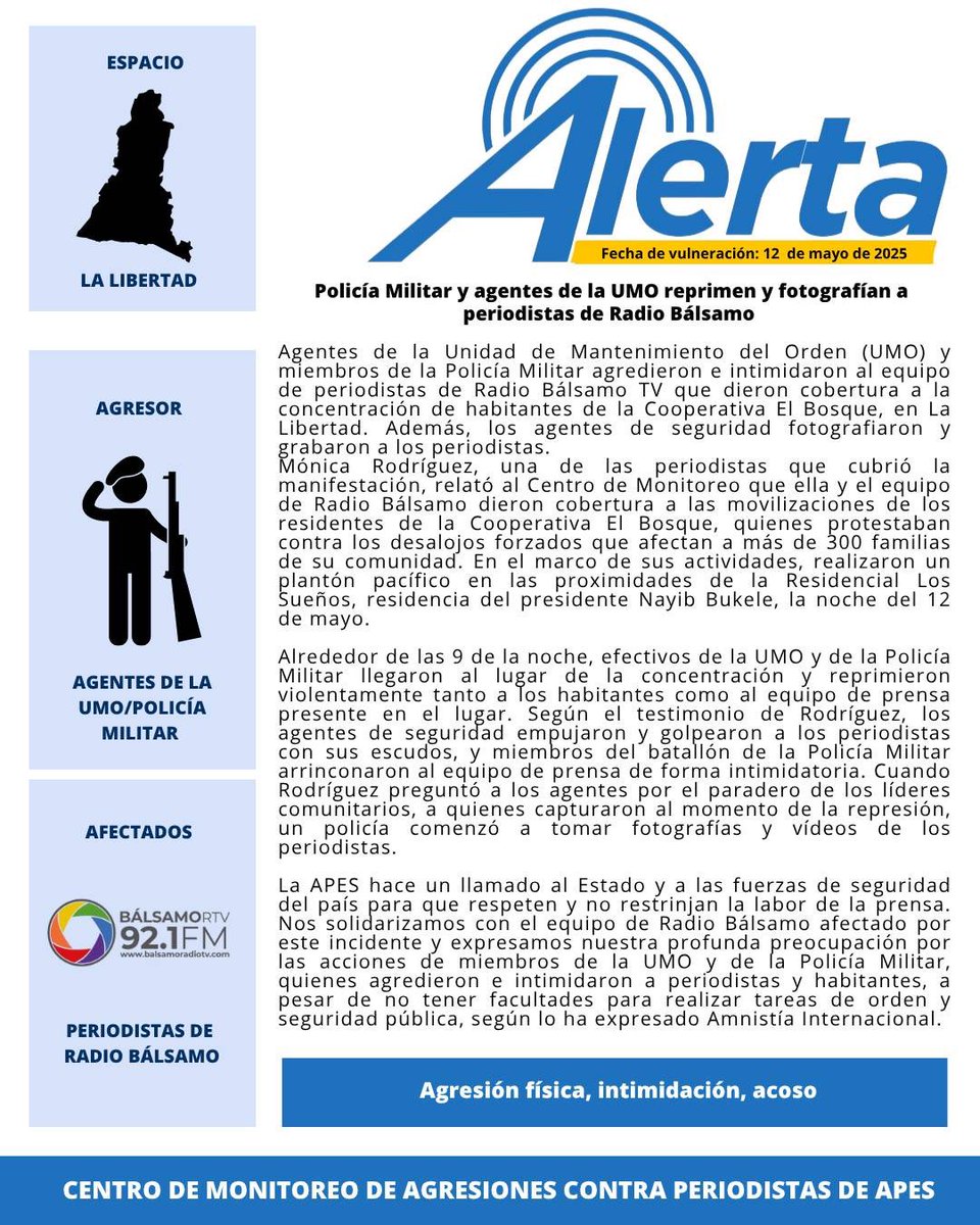 apeselsalvador's tweet photo. 🚨ALERTA | Policía Militar y agentes de la UMO reprimen y fotografían a periodistas de Radio Bálsamo.
La APES hace un llamado a las fuerzas de seguridad del país para que se respete el ejercicio periodístico en El Salvador. https://t.co/qKioNGZCrB