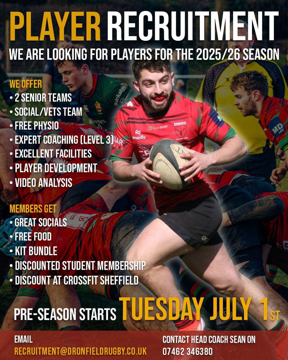 🔴⚫️ PLAYER RECRUITMENT Following a successful season, Dronfield are on the lookout to grow the playing roster. We have huge ambitions for next season and to continue our journey with player development and enjoyment at the heart of what we do.