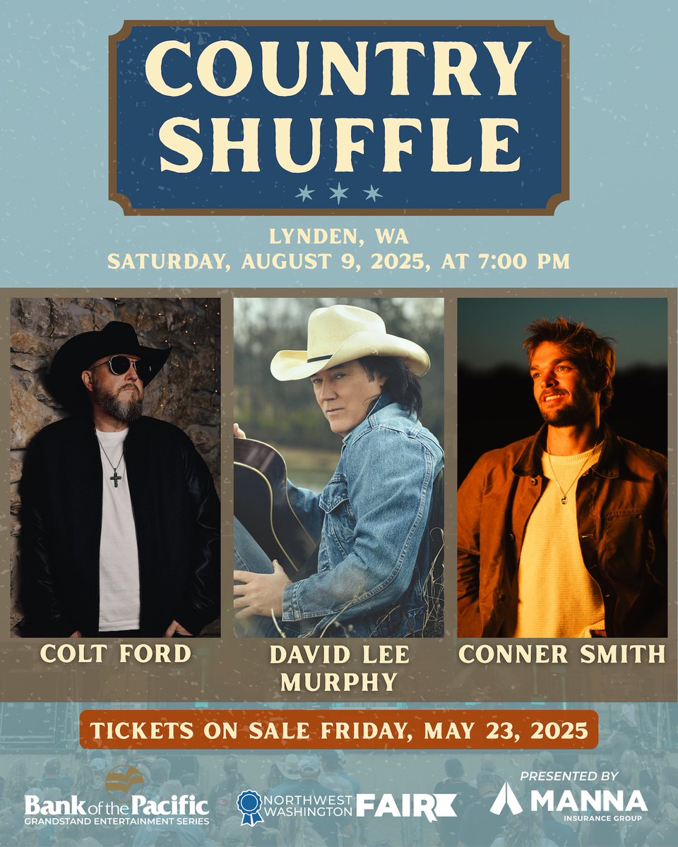 ANNOUNCING: <a href="/davidleemurphy/">David Lee Murphy</a>, <a href="/coltford/">Colt Ford</a> &amp; Conner Smith join The Bank of the Pacific Grandstand Entertainment Series at the #nwwafair Aug. 9, 2025 at 7PM. Tickets go on sale May 23 at 9AM. Sign up for the pre-sale on May 21 ➡️nwwafair.com/updates Presented by <a href="/MannaInsurance/">MannaInsurance</a>