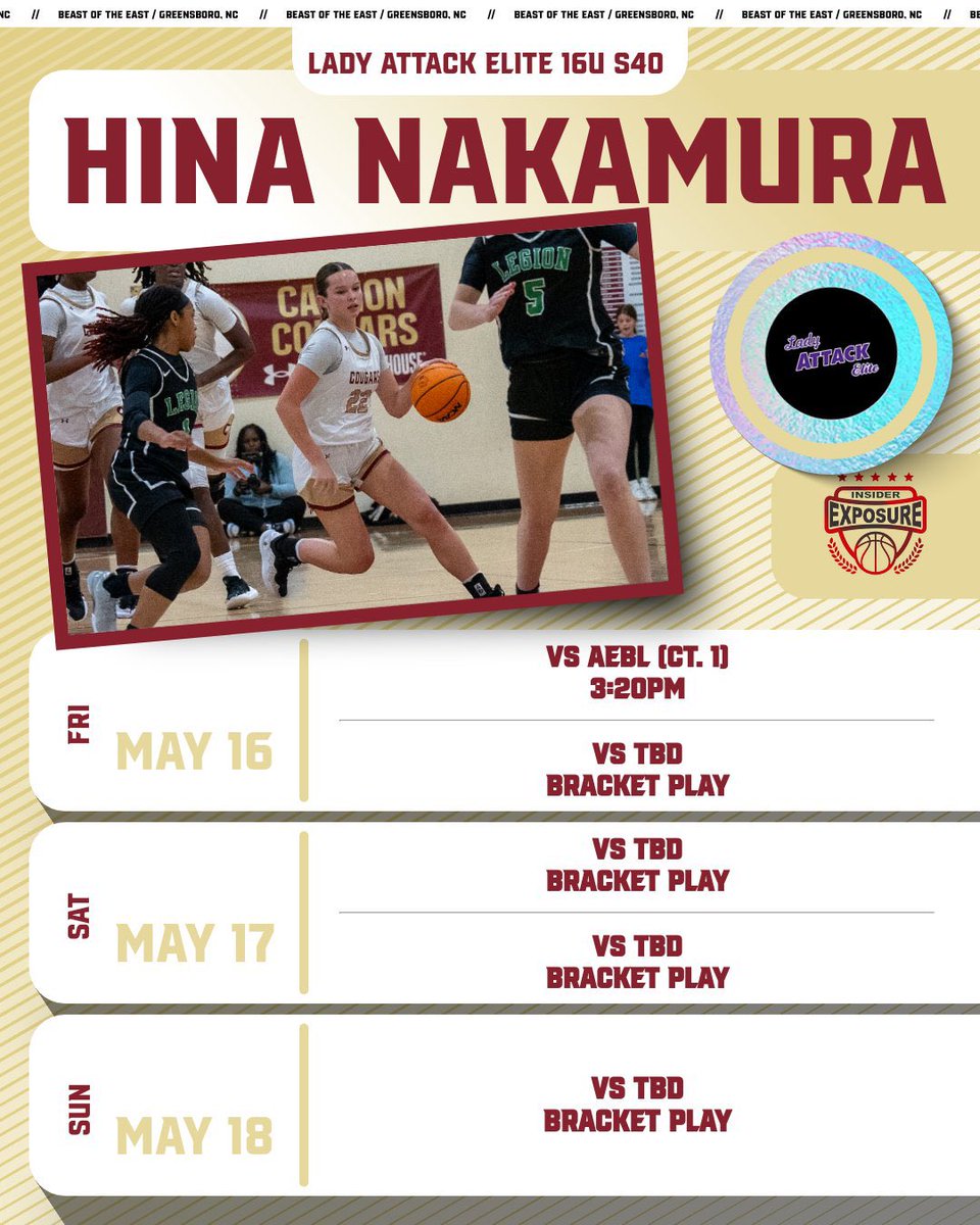 Hina Nakamura (@hinarnakamura) on Twitter photo Looking forward to getting after it this weekend with <a href="/LAE2027/">Lady Attack Elite Basketball - 2027</a> <a href="/LADYATTACKELITE/">Lady Attack Elite Basketball</a> <a href="/InsiderExposure/">InsiderExposure</a> Beast of the East in Greensboro!
<a href="/LAE2027/">Lady Attack Elite Basketball - 2027</a> <a href="/JoshParcell/">Josh Parcell</a> @selecteventsbb
<a href="/Look_itsCoachD/">Kelvin Drakeford</a> <a href="/CoachKevinHolt/">Coach Kevin Holt</a> <a href="/BallHerHoopsCLT/">BallHer coach Holt</a> <a href="/SheIsCoachAsh/">Ashley Rivens</a> <a href="/Cannon_GBB/">🏀 Cannon School Girls Basketball 🏀</a> @qualifiedsports @prephoops Looking forward to getting after it this weekend with <a href="/LAE2027/">Lady Attack Elite Basketball - 2027</a> <a href="/LADYATTACKELITE/">Lady Attack Elite Basketball</a> <a href="/InsiderExposure/">InsiderExposure</a> Beast of the East in Greensboro!
<a href="/LAE2027/">Lady Attack Elite Basketball - 2027</a> <a href="/JoshParcell/">Josh Parcell</a> @selecteventsbb
<a href="/Look_itsCoachD/">Kelvin Drakeford</a> <a href="/CoachKevinHolt/">Coach Kevin Holt</a> <a href="/BallHerHoopsCLT/">BallHer coach Holt</a> <a href="/SheIsCoachAsh/">Ashley Rivens</a> <a href="/Cannon_GBB/">🏀 Cannon School Girls Basketball 🏀</a> @qualifiedsports @prephoops