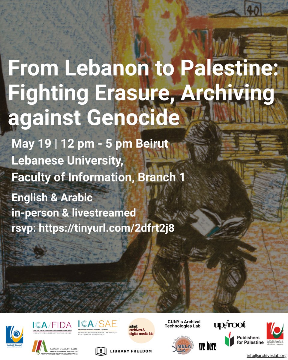 Join us 19 May online or in person for this important conversation "From Lebanon to Palestine: Fighting Erasure, Archiving against Genocide" 
Part of the Archives &amp; Heritage for Palestine series
archiveslab.org/events/palesti… 
RSVP here tinyurl.com/2dfrt2j8
#Archives4Palestine