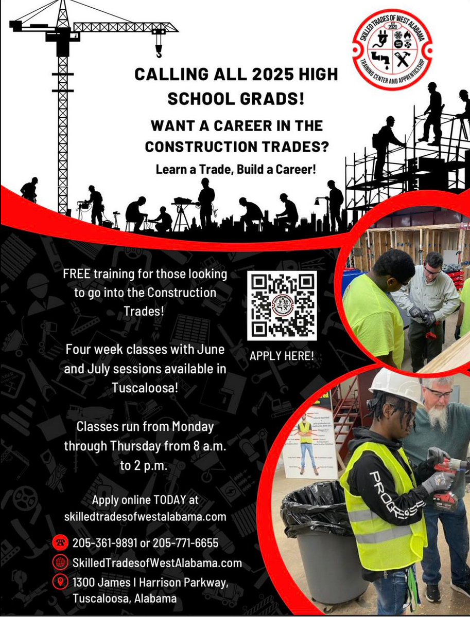Attention 2025 High School Grads - FREE Construction Training! Take advantage of this FREE 4-week training program in Tuscaloosa, AL.  Learn hands-on skills and open the door to great job opportunities!

June &amp; July sessions available -  Monday - Thursday | 8 AM – 2 PM