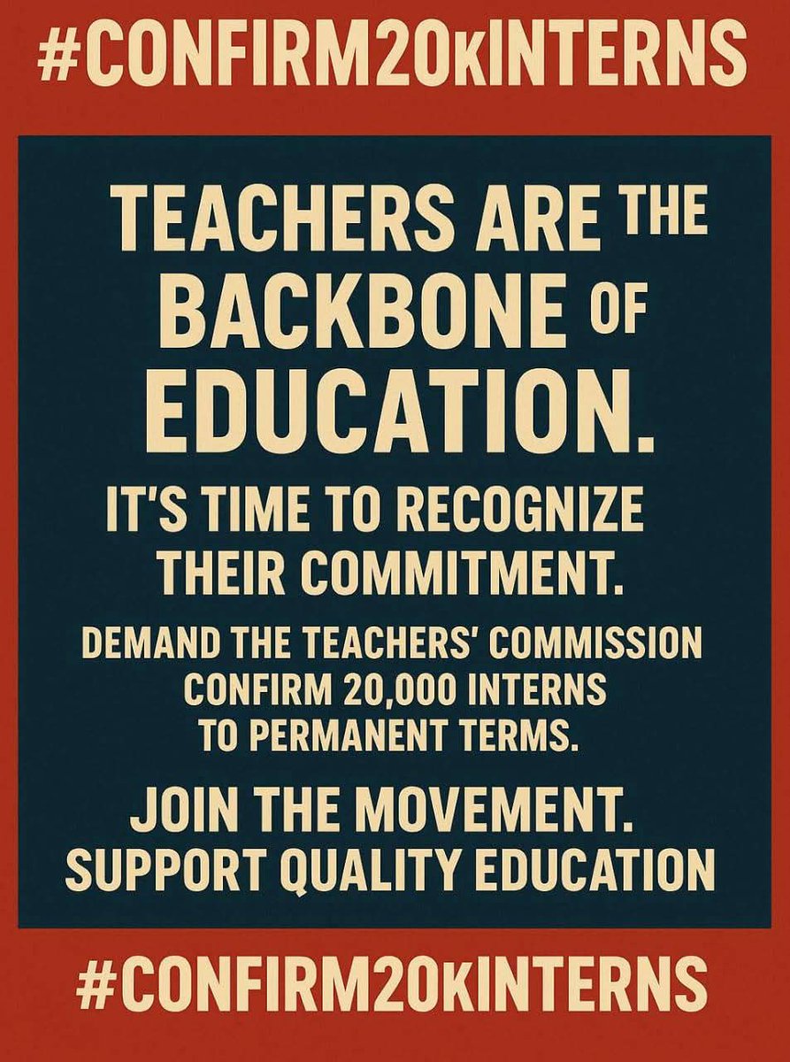 How does this government want teachers to survive?Sending teachers to JS  mahali hata lunch ni shida with 17k, poor roads, no accommodation na sasa you say it'll take two years.
#confirminterns <a href="/EduMinKenya/">Ministry of Education, Kenya (MoE)</a> <a href="/WilliamsRuto/">William Samoei Ruto, PhD</a> <a href="/HonJKMelly/">Julius K Melly, MP</a> <a href="/Josh001J/">Josh</a> <a href="/TSC_KE/">TSC</a> <a href="/Osama_otero/">Sir-Rap-A-Lot</a> <a href="/Kimuzi_/">Kimuzi</a>