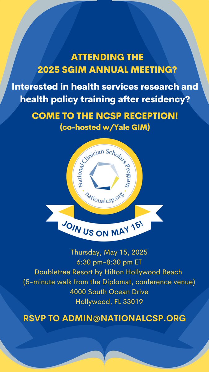 National CSP (@nationalcsp) on Twitter photo Attending the 2025 SGIM Annual Meeting? Interested in health services research and health policy training after residency? Come to the NCSP reception on May 15! RSVP to admin@nationalcsp.org #ApplyNCSP
<a href="/NCSP_UCLA/">NCSP at UCLA</a> <a href="/NCSP_UCSF/">NCSP at UCSF</a> <a href="/ncspMICHIGAN/">Natāl Clinician Scholars Program at U-M IHPI</a> @NCSP_PENN <a href="/NCSP_Yale/">NCSP at Yale</a> @NCSP_DUKE Attending the 2025 SGIM Annual Meeting? Interested in health services research and health policy training after residency? Come to the NCSP reception on May 15! RSVP to admin@nationalcsp.org #ApplyNCSP
<a href="/NCSP_UCLA/">NCSP at UCLA</a> <a href="/NCSP_UCSF/">NCSP at UCSF</a> <a href="/ncspMICHIGAN/">Natāl Clinician Scholars Program at U-M IHPI</a> @NCSP_PENN <a href="/NCSP_Yale/">NCSP at Yale</a> @NCSP_DUKE