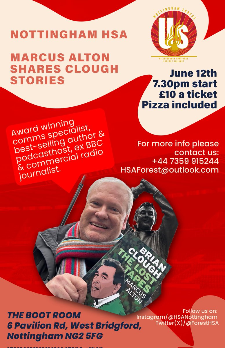 The Nottingham Hillsborough Survivors Support Alliance invites you to an evening with Marcus Alton. All proceeds go toward supporting the HSA #unityisstrength
Tickets available here: eventbrite.com/e/marcus-alton…

Feel free to contact us for any further information.