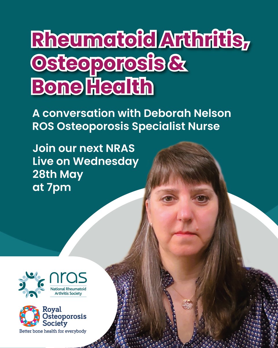🦴💬 Join us for NRAS Live!

Rheumatoid Arthritis doesn’t just affect your joints — it can impact your bones too. Tune in for an insightful conversation with Deborah Nelson, Osteoporosis Specialist Nurse at the Royal Osteoporosis Society, and Peter Foxton, CEO of NRAS.

📅