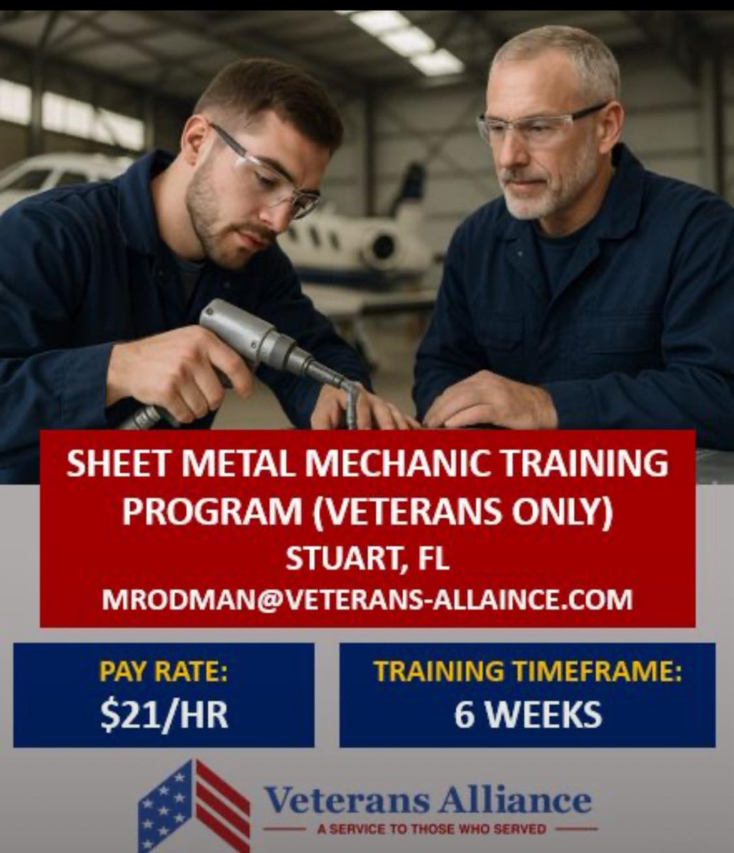 CareerSourceRC (@careersourcerc) on Twitter photo Veterans – Your Next Mission Starts June 2nd in Stuart, FL!
Join our paid Sheet Metal Mechanic Training Program — no experience needed.
• $21/hr | 6 Wks
• Veterans Only
• Full benefits & job placement
Email mrodman@veterans-alliance.com to apply today!
#VeteranJobs Veterans – Your Next Mission Starts June 2nd in Stuart, FL!
Join our paid Sheet Metal Mechanic Training Program — no experience needed.
• $21/hr | 6 Wks
• Veterans Only
• Full benefits & job placement
Email mrodman@veterans-alliance.com to apply today!
#VeteranJobs