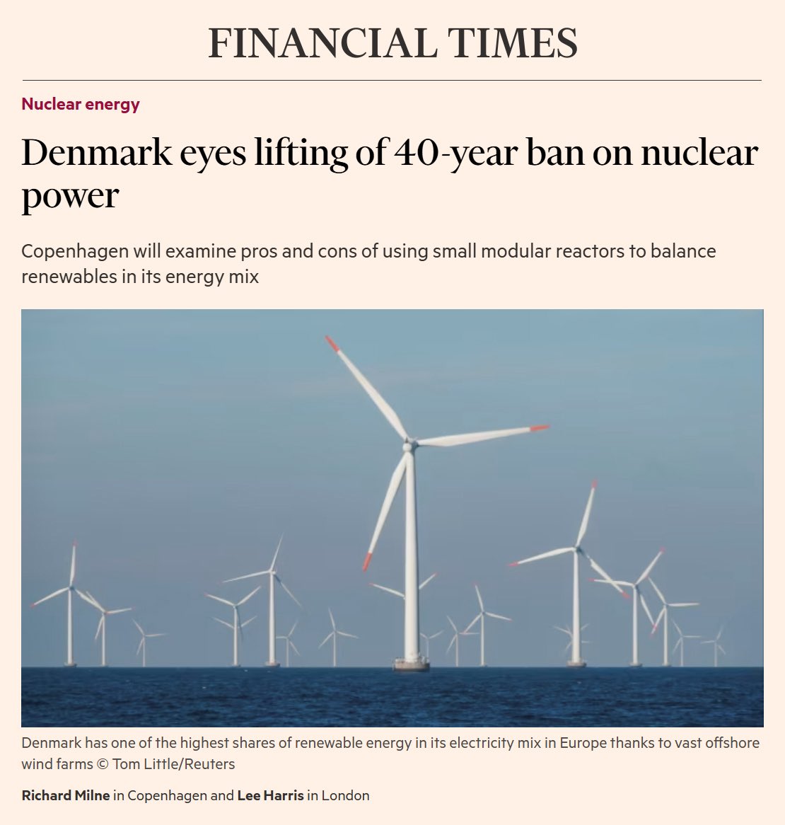 Danish Nuclear Ban Falls in Slowmotion

Financial Times (<a href="/FT/">Financial Times</a>) covers the Danish government’s plan to investigate nuclear energy

92 Capital (<a href="/nuclear_fund/">92 Capital</a>) is mentioned – with our goal to raise €350 mln for investment in advanced nuclear

Story by <a href="/rmilneNordic/">Richard Milne</a> &amp; <a href="/leee_harris/">Lee Harris</a>