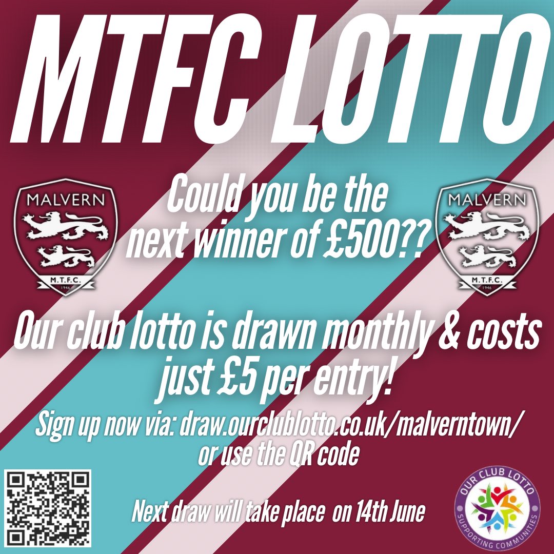 Get involved in the MTFC Lotto, and you could be our next winner of £500! 

Use the QR code or the following link to sign up: draw.ourclublotto.co.uk/malverntown/