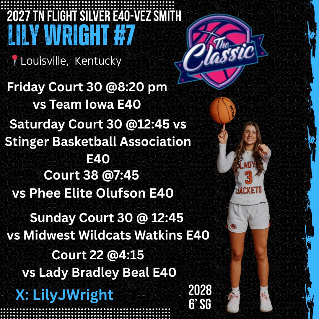 Lily Wright (@lilyjwright) on Twitter photo Come watch my team this weekend at The Classic <a href="/Elite40League/">Elite 40 League</a> in Louisville 💪✈️
<a href="/TNFlightEYBL/">Tennessee Flight EYBL</a> <a href="/CoachVez4/">Vez Smith</a> <a href="/WeWorkHoops/">Christian Simmons</a> <a href="/CHSLadyJackets_/">Coalfield Girls Basketball</a> <a href="/WWFE_RCT/">WeWorkforEverything Recruiting</a> <a href="/WorldExposureWB/">World Exposure Report Women’s Basketball</a> Come watch my team this weekend at The Classic <a href="/Elite40League/">Elite 40 League</a> in Louisville 💪✈️
<a href="/TNFlightEYBL/">Tennessee Flight EYBL</a> <a href="/CoachVez4/">Vez Smith</a> <a href="/WeWorkHoops/">Christian Simmons</a> <a href="/CHSLadyJackets_/">Coalfield Girls Basketball</a> <a href="/WWFE_RCT/">WeWorkforEverything Recruiting</a> <a href="/WorldExposureWB/">World Exposure Report Women’s Basketball</a>