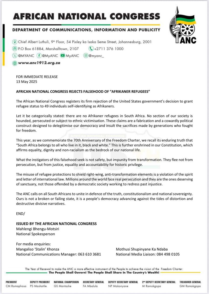 AFpost's tweet photo. The ruling ANC government in South Africa has accused White refugees of fleeing from “justice, equality, and accountability for historic privilege,” rejecting the legitimacy of their asylum claims.

Follow: @AFpost https://t.co/v3EhblFUaP