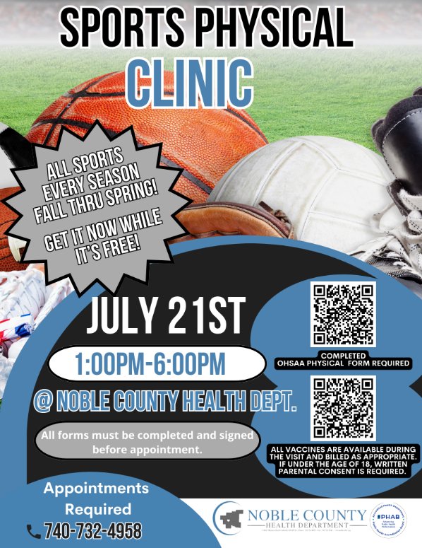 (1/2) 📣 Sports Physical Clinic Info!  The Noble County Health Department will be offering sports physical clinics this summer, including one right here at SHS on Tuesday, July 16 from 12:00–6:00 PM. 🏥💪  A valid sports physical is required by the OHSAA to participate in