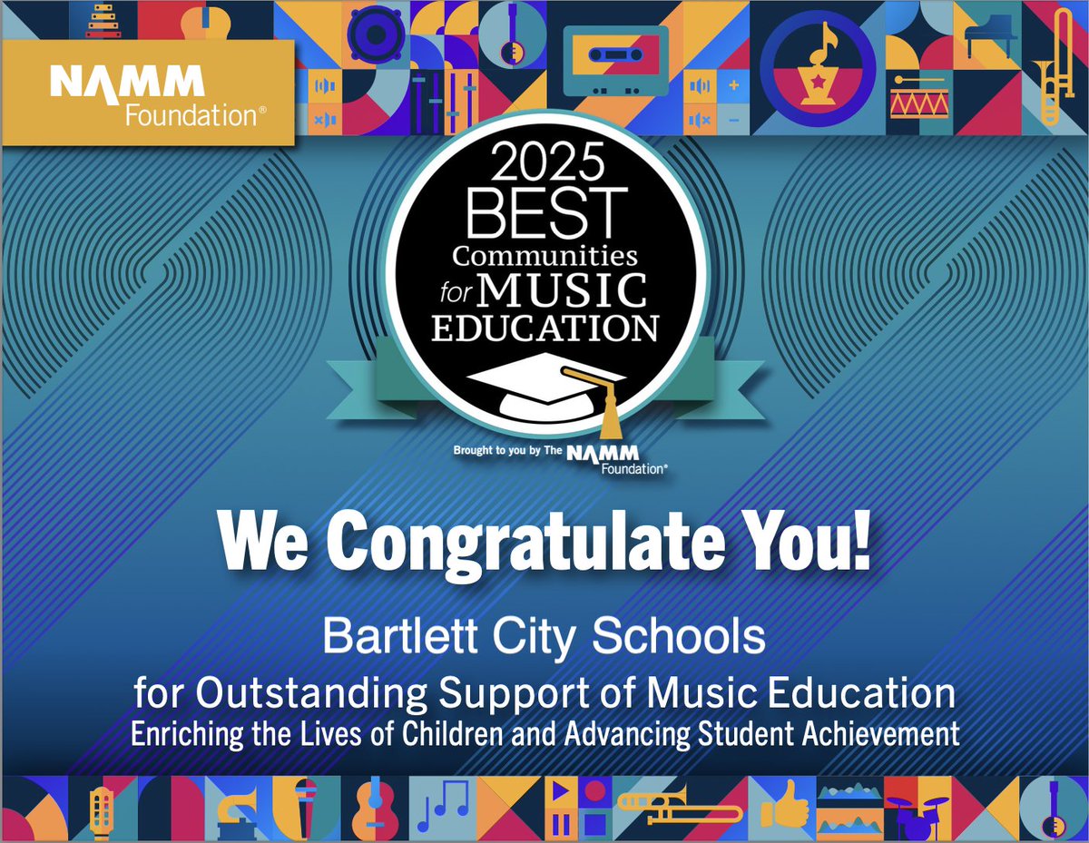 Bartlett City Schools Fine Arts (@bcsfinearts) on Twitter photo We are proud to receive the <a href="/NAMMFoundation/">The NAMM Foundation</a> Best Communities for Music Education award for the 8th straight year. Our music teachers are second to none! <a href="/BartlettSchools/">BartlettCitySchools</a> We are proud to receive the <a href="/NAMMFoundation/">The NAMM Foundation</a> Best Communities for Music Education award for the 8th straight year. Our music teachers are second to none! <a href="/BartlettSchools/">BartlettCitySchools</a>