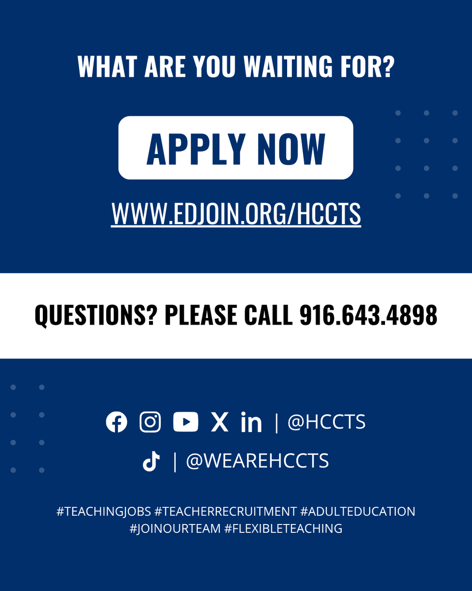On the spot interviews! Must have a Single or Multiple Subject Teaching Credential and prepare a 20 minute demo lesson. 

Apply here: edjoin.org/hccts (must be completed prior to event)

📍 1333 Grand Ave. Sacramento, CA 95838

#TeachingJobs #AdultEducation #JoinOurTeam