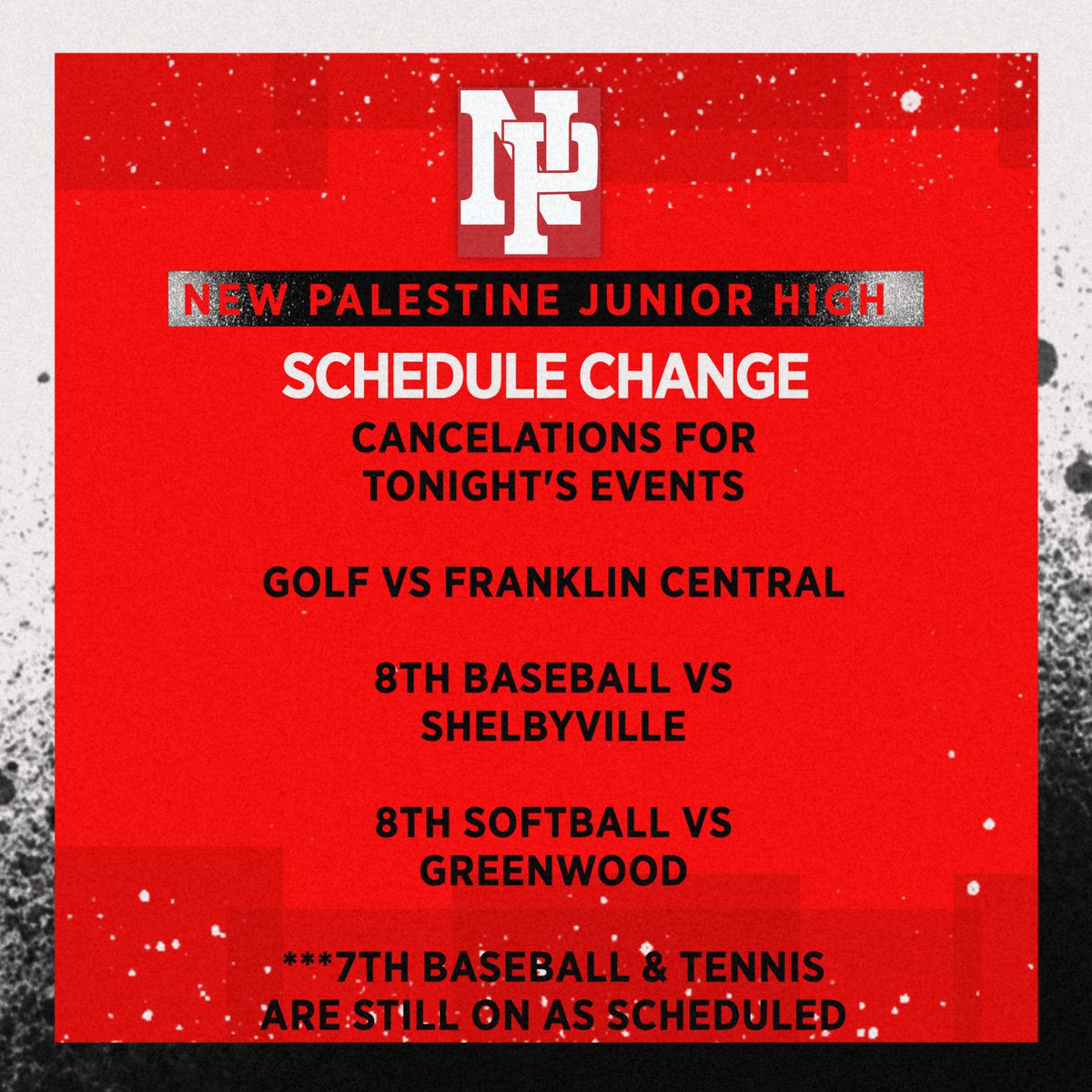 New Palestine JH Athletics (@dragonsnpjh) on Twitter photo Schedule updates for tonight...
<a href="/AmonesNPJH/">NPJH Assistant Principal</a> <a href="/jessicaneill/">Jessica Neill</a> <a href="/NewPalCS/">New Palestine Community Schools</a> Schedule updates for tonight...
<a href="/AmonesNPJH/">NPJH Assistant Principal</a> <a href="/jessicaneill/">Jessica Neill</a> <a href="/NewPalCS/">New Palestine Community Schools</a>